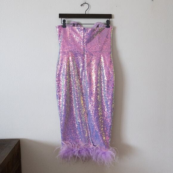 Lavish Alice Women's Purple Sequin Strapless Feather Trim Dress - Picture 5 of 6